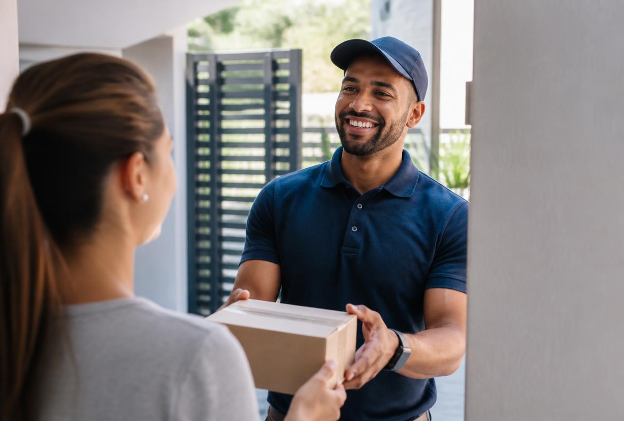 Entregador entregando o pedido ao cliente na porta de casa