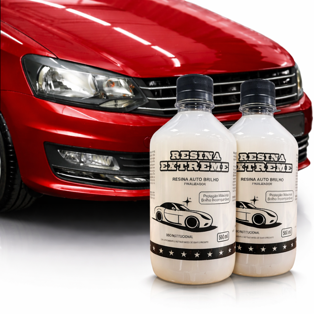 Extreme Tecnoz 9 aplicada em carro vermelho, com frascos do produto